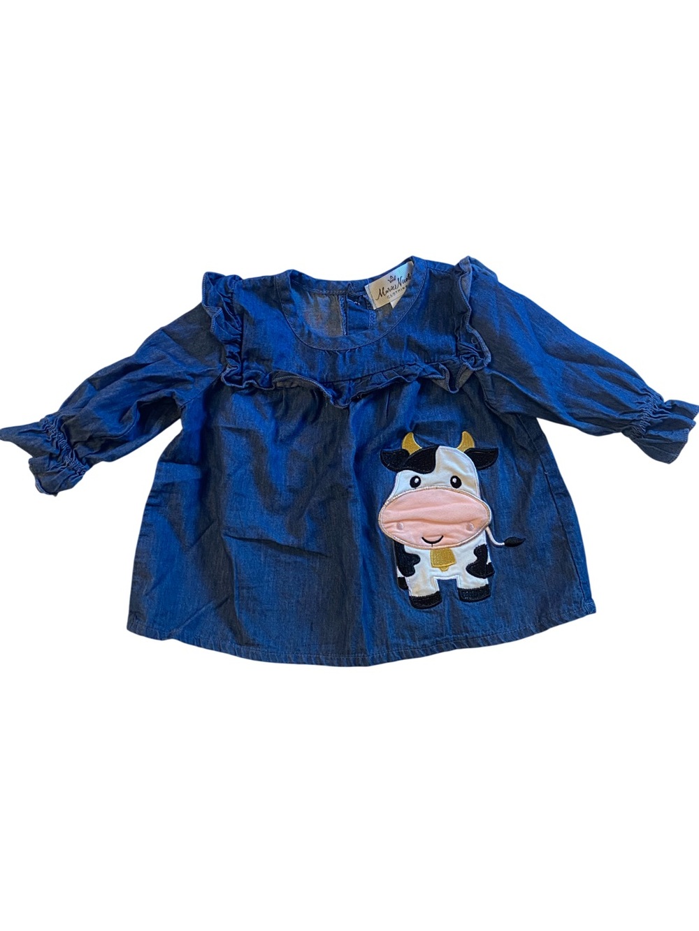 Marie Nicole Denim Girls Ruffle Top with Cow Applique Long Sleeve 12-18 Months